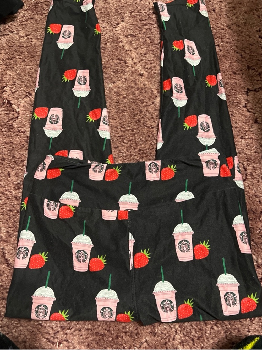 Black Leggings with Pink Strawberry Drink Print